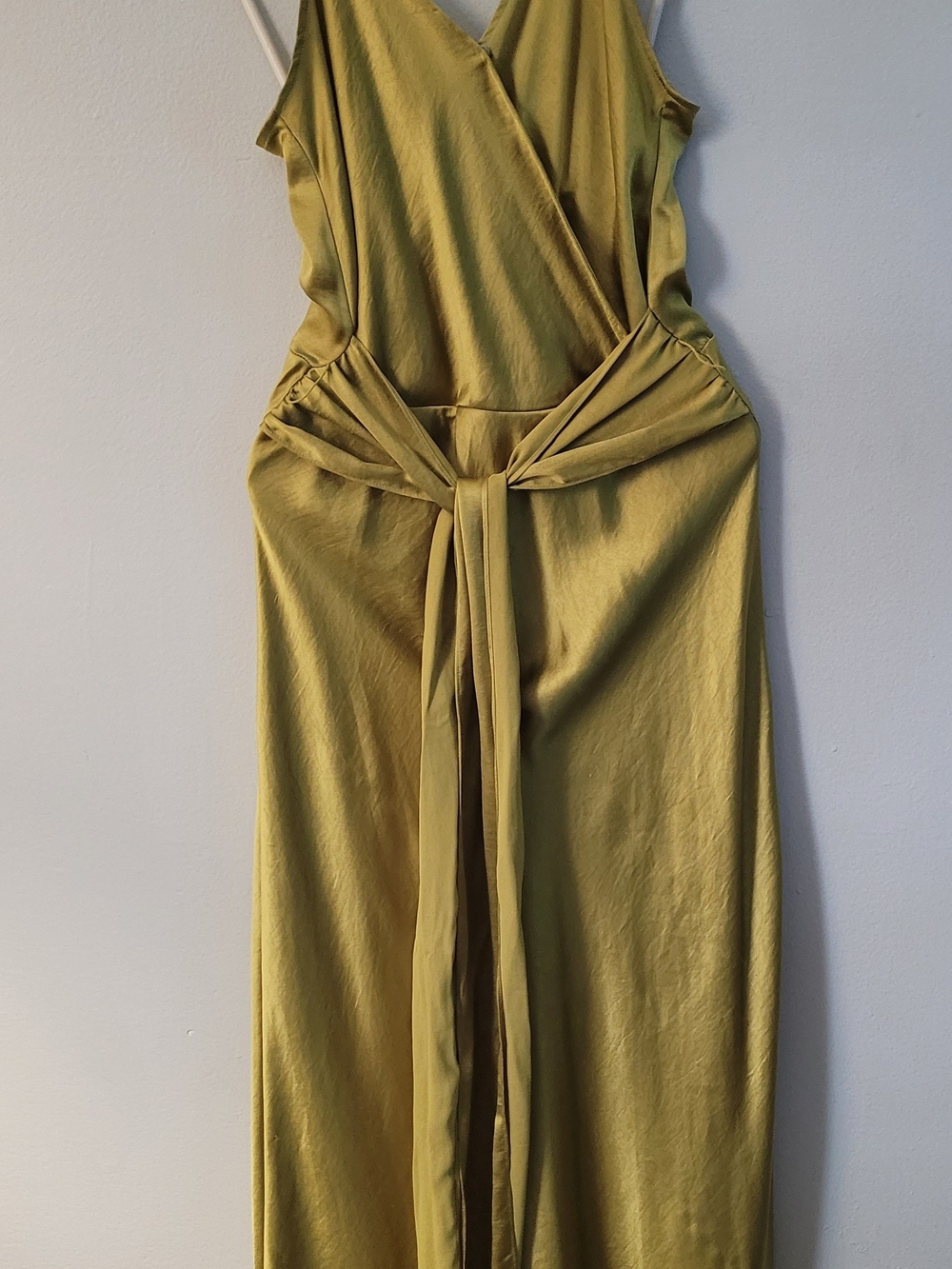 Zara Olive Satin Strapless Wrap Y2k Fluid  Dress with Side Sash - Picture 2 of 7